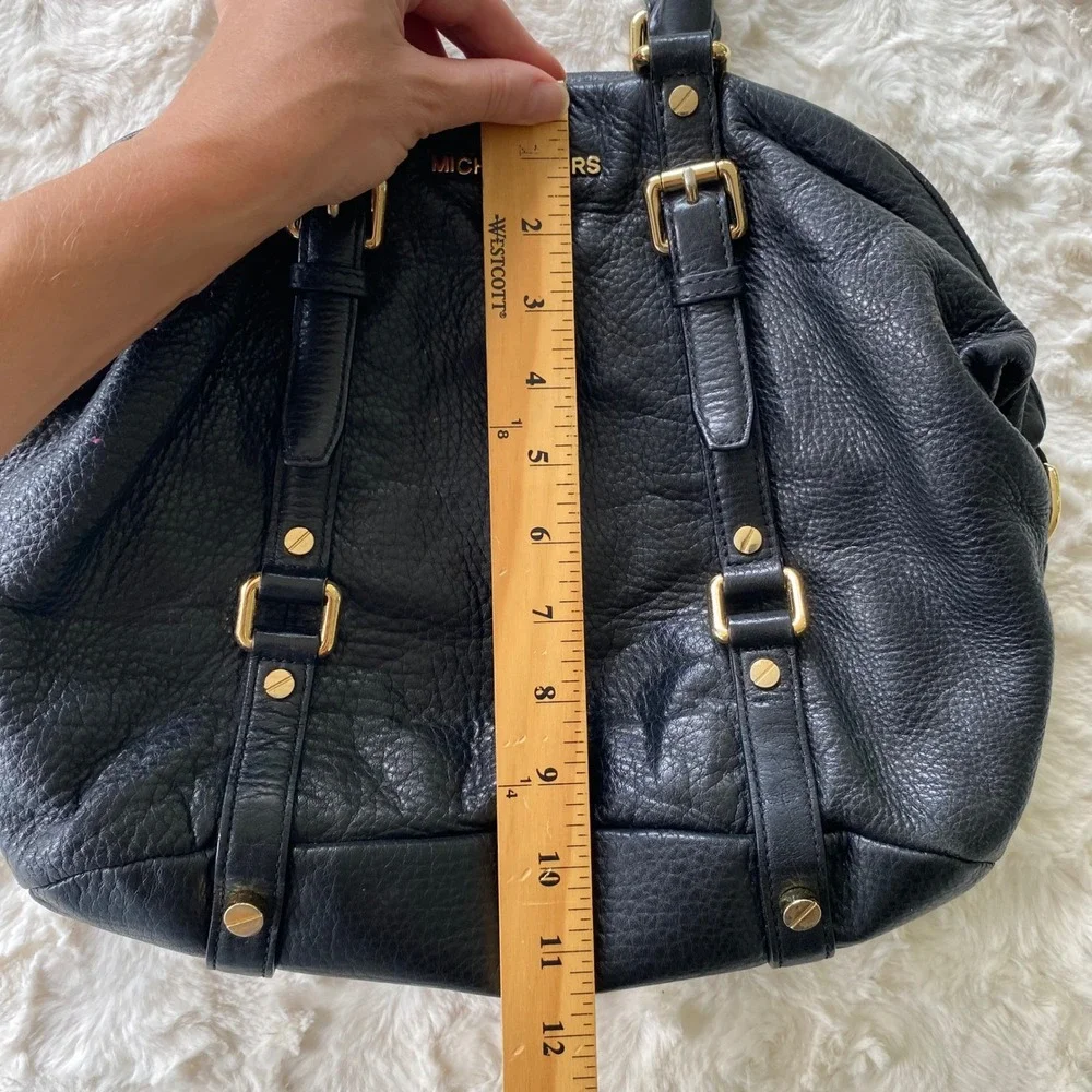 Michael Kors Satchel Handbag Black Pebbled Leather Gold Buckle Hardware Classic